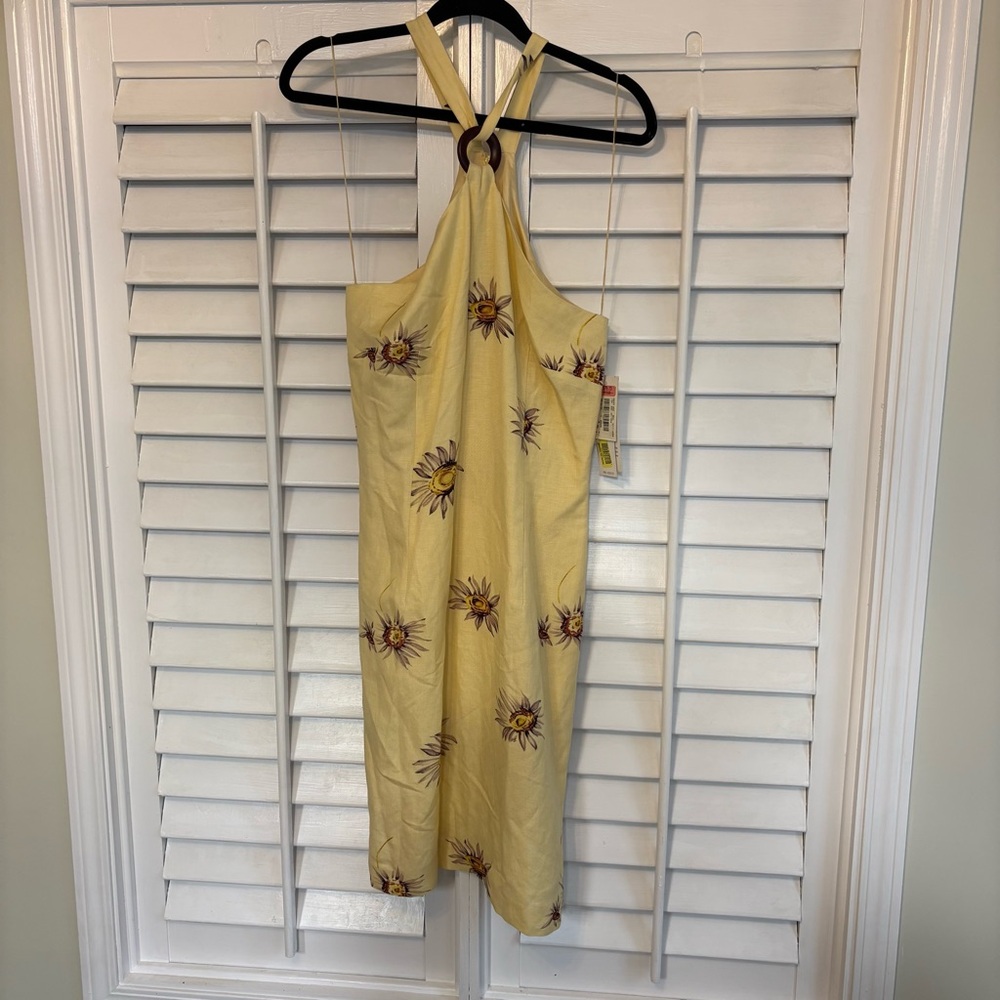 Donna Morgan Yellow Sunflower Halter Neckline Linen Blend Dress Size 10